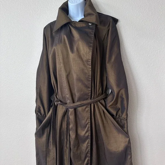 Vintage Mycra Pac Designer Wear Brown Bronze Long Raincoat Hooded Jacket P